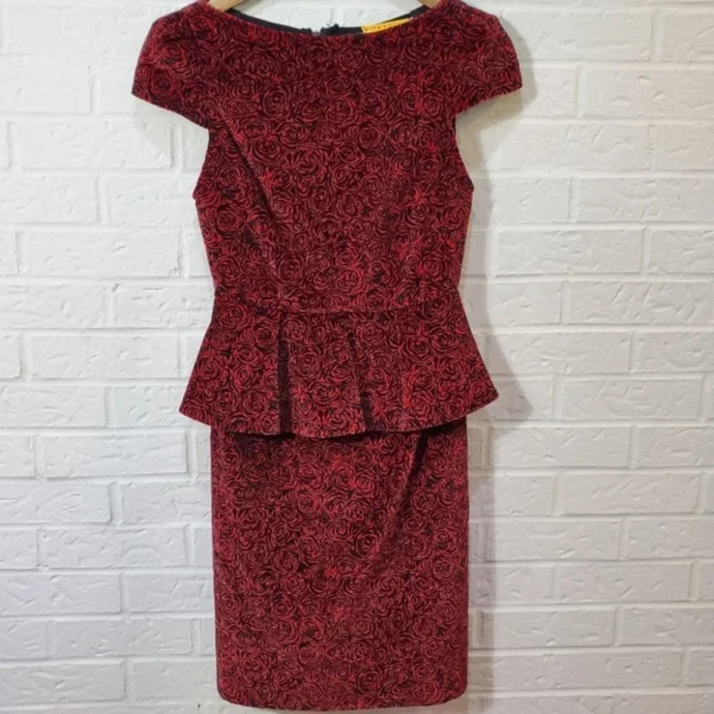 Alice + Olivia Red Rose Velvet Peplum Dress $495 - Picture 5 of 11